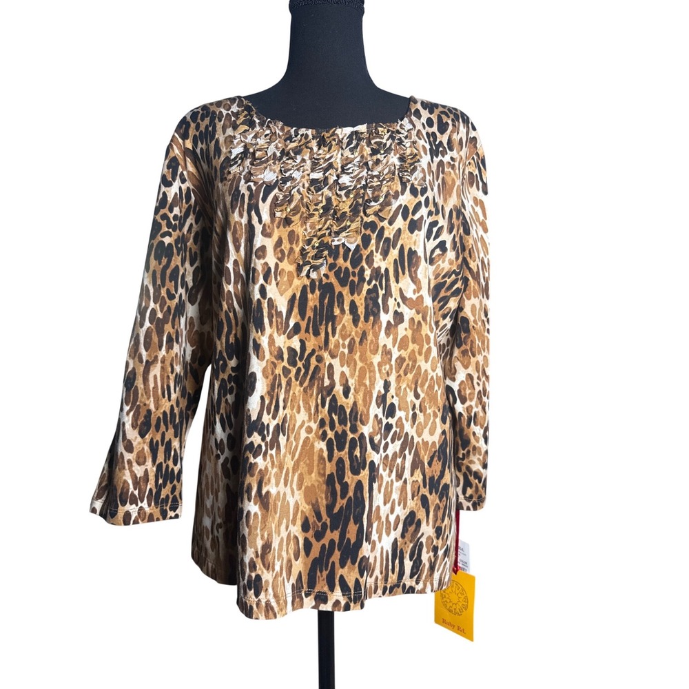 Ruby Rd Wms XL NWT Leopard Print Ruffle Scoop Neck 3/4 Sleeve Top Spice Is Nice
